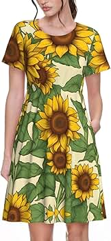HJKTVDRQ Sunflower Print Short Sleeve Casual Spring Dress,Maxi